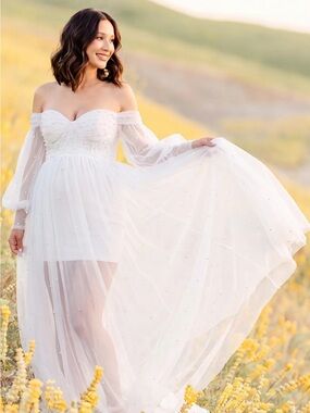 Off-Shoulder White Tulle Maxi Dress with Sheer Pearl Detail